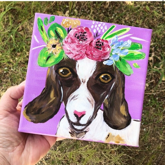 6” boho goat painting purple with floral crown - Picture 3 of 5